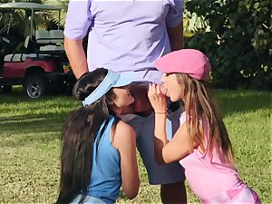 Golf course vagina bashing with Adria Rae and Jade Amber